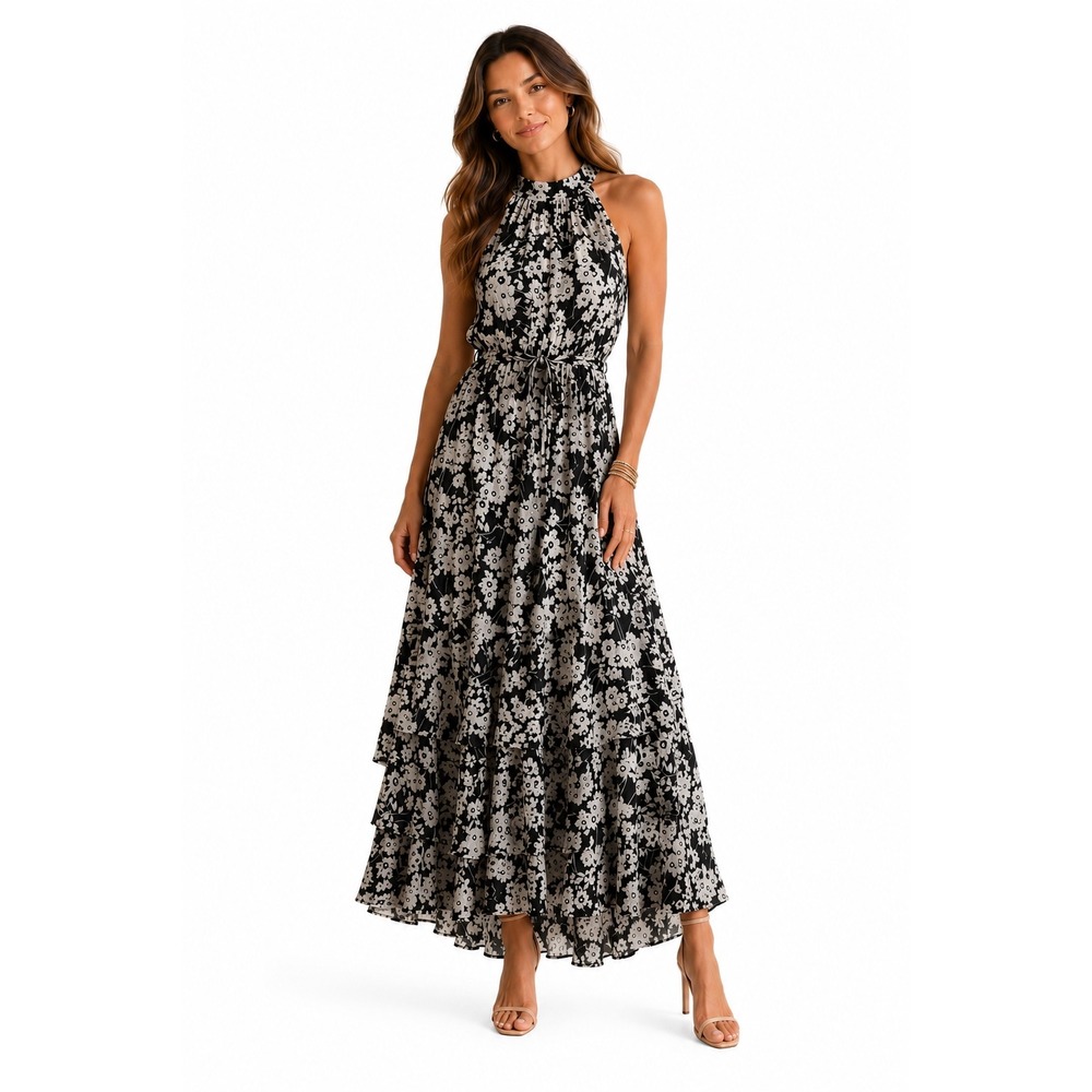 Calvin Klein Floral High Low Midi Dress 2 Black White Halter Ruffle Tie Waist‎